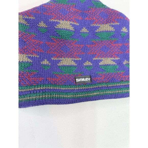 VTG Smiley Hat One Size Wool Knit Ski Purple Green Aztec Made in USA - Picture 4 of 6